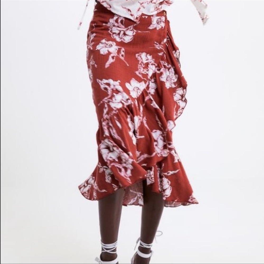 ZARA Ruffled Floral Print Wrap Linen Midi Skirt